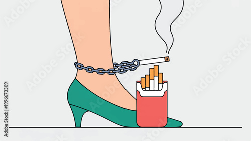 Womans leg chained to cigarette pack and high heel shoe