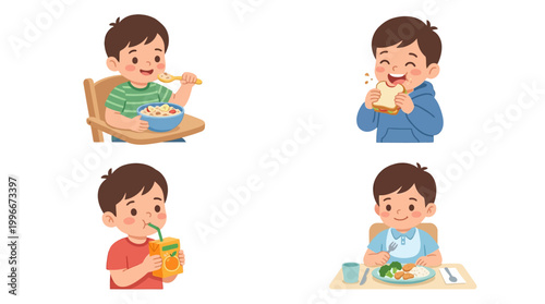 Boy Eating Food Color Vector Set – 4 Cute Meal Activity Illustrations in Clean Grid