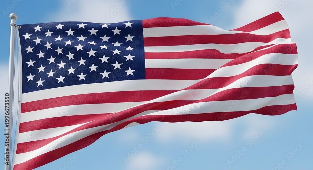Fototapeta premium Iconic american flag waving majestically in a clear blue sky with wispy clouds symbolizing freedom patriotism and national pride captured in sharp detail with vibrant red white