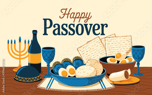 Traditional passover seder table with matzah, wine, and eggs