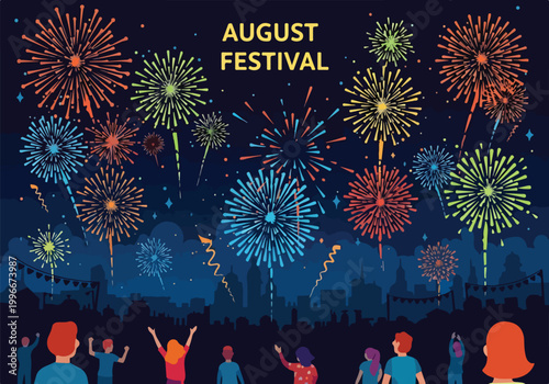 A colorful illustration of a festival with fireworks