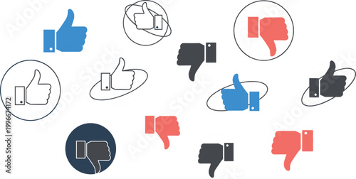 Thumbs up and thumbs down icons vector set, like and dislike symbols in various styles for feedback, rating systems, social media apps and user interface design