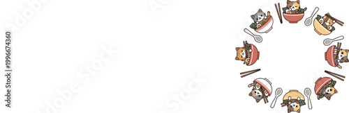 Cute cartoon cat ramen bowls arranged in circular composition vector illustration, kawaii food characters with chopsticks for kids design, stickers, menus and playful Asian cuisine themes