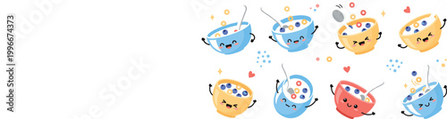 Cute cartoon cereal bowls with arms and expressive faces vector illustration, playful kawaii breakfast characters jumping and interacting for kids menus, stickers, packaging and fun food design