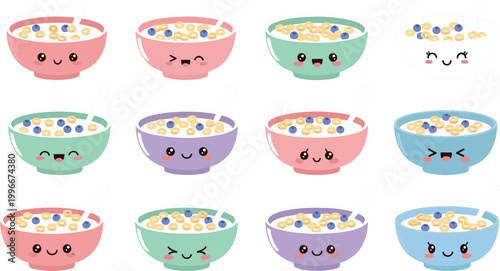 Cute cartoon cereal bowls with different facial expressions vector set, colorful kawaii breakfast characters for kids design, stickers, menus, packaging and playful food concepts