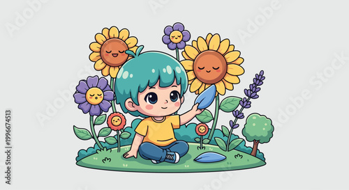 Cartoon Child with Turquoise Hair and Yellow Shirt.