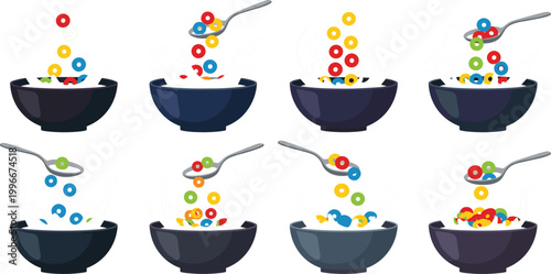 Cereal bowls with colorful loops falling into milk vector illustration set, dynamic breakfast food concept in flat design for packaging, advertising, menus and kids nutrition themes