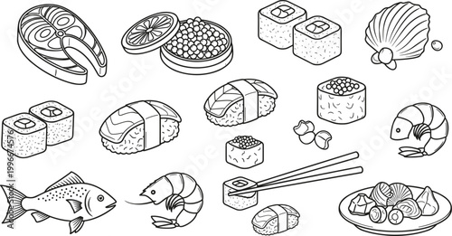 Japanese sushi and seafood vector illustration set with rolls, nigiri, fish, shrimp and traditional cuisine elements, detailed line art for restaurant menus, packaging and culinary design