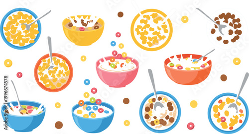 Colorful cereal bowls vector illustration with milk, chocolate and fruit loops, breakfast food collection in flat style for menu design, packaging, ads and healthy morning concepts