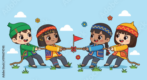 Children Competing In Tug Of War Game.