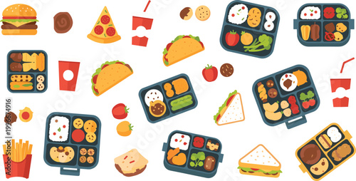 Colorful fast food and lunchbox vector illustration set with burgers, pizza, tacos, sandwiches, snacks and drinks, perfect for menu design, delivery apps and food concepts