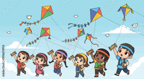 Group of Children Flying Colorful Kites Together 1.