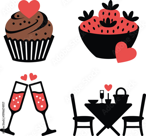 Valentines day romantic dinner icons cupcake champagne strawberries table for two