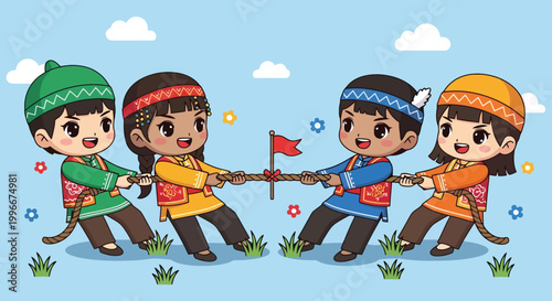 Group of four children playing with a flag.