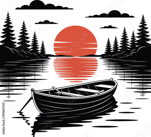 Wooden boat on lake during red sunset with forest pine trees silhouette and water reflections