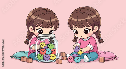 Two young girls playing with a jar of colorful toys.