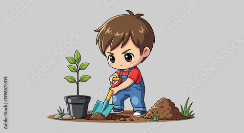 Young boy planting a sapling with shovel.