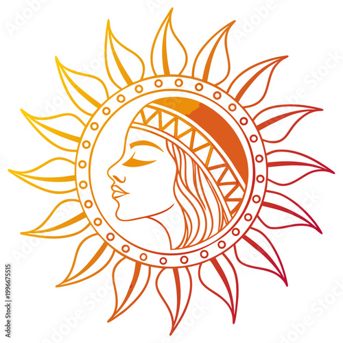 Celestial goddess face inside golden sun circle.