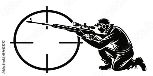 Fotografija Sniper aiming rifle through crosshairs with black and white shooting crosshairs