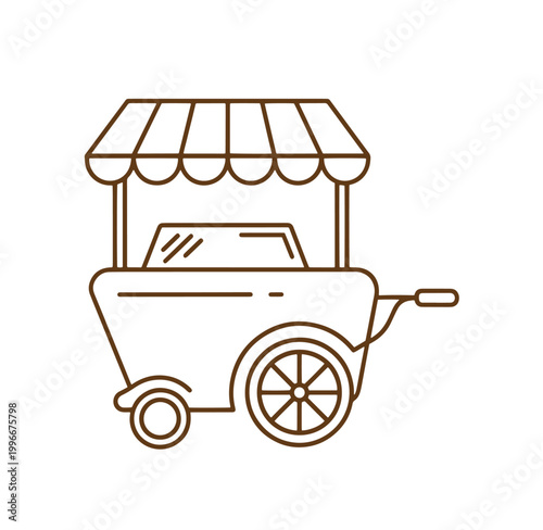Brown line drawing of a food cart with awning and wheel