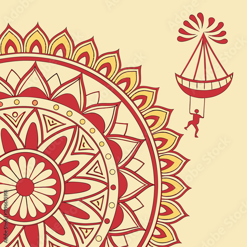 Man suspended from hot air balloon next to mandala.