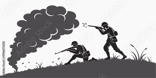 Konstfotografi Soldiers firing rifles in battle with smoke and reeds soldiers explosion militar