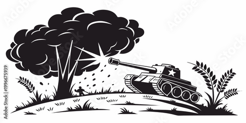 Schilderij op canvas Tank firing shell near tree with soldier and smoke cloud military explosion arti