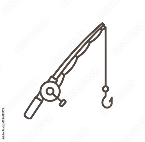 Fishing rod with hook and reel on a white background for outdoor and recreational activities