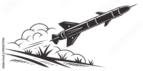Tableau sur toile Rocket launching with smoke trail silhouette over grass black and white propulsi