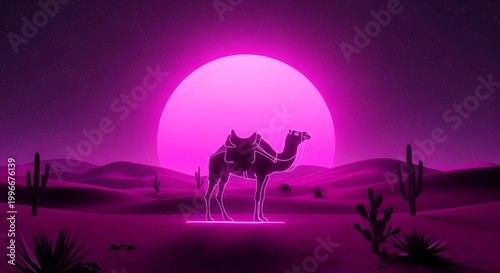 Camel silhouette walking in a synthwave desert with pink sun