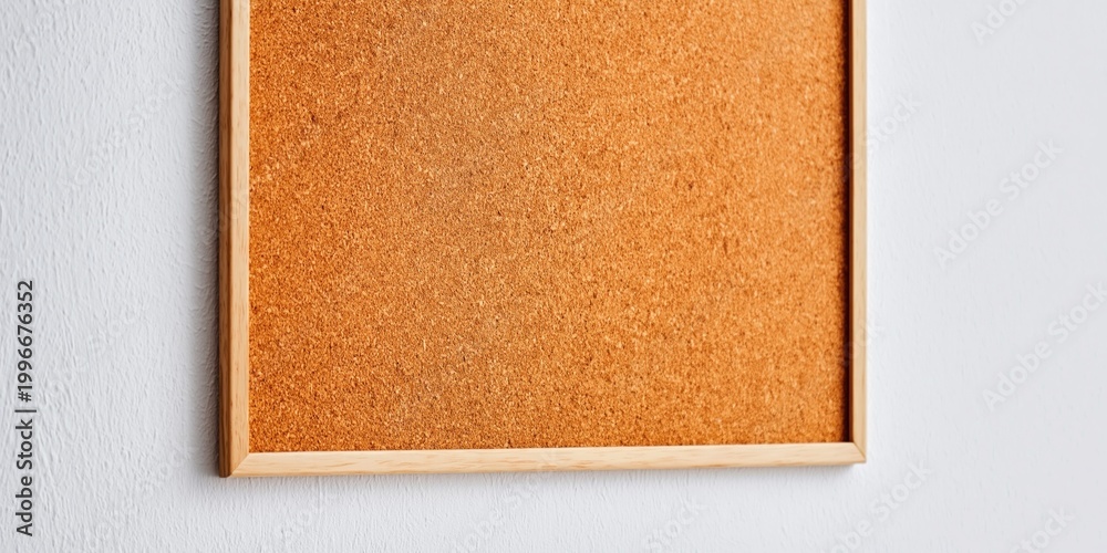 Fototapeta premium Simple wooden framed corkboard hanging on a textured white wall