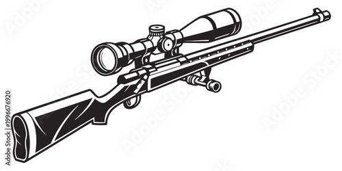 Black and white vector illustration of a sniper rifle with a scope and bipod shooting ballistics precision marksmanship tactical military equipment illustration isolated monochrome activity