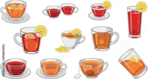 Tea drinks collection with lemon slices in glass cups and mugs for hot beverage, cafe menu, and refreshment illustration design