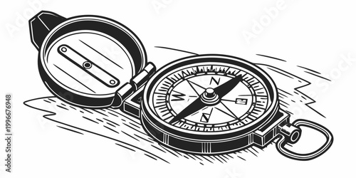 Schilderij op canvas Open pocket compass for navigational use with artistic sketched ground texture b