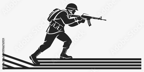 Slika na platnu Silhouette graphic of soldier advancing with combat rifle military infantry tact