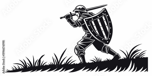 Quadro su tela Illustration of a medieval knight in armor carrying a sword and a shield on a gr