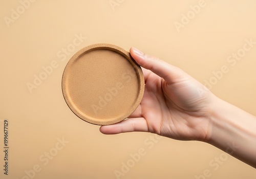 Hand holding an empty round beige clay tray against a neutral background