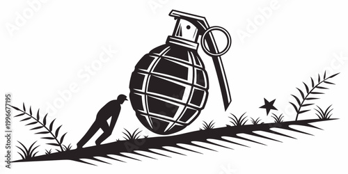 Silhouette graphic illustration of a man pushing a large grenade uphill with struggle metaphor military explosive silhouette illustration conflict difficulty conceptual isolated monochrome