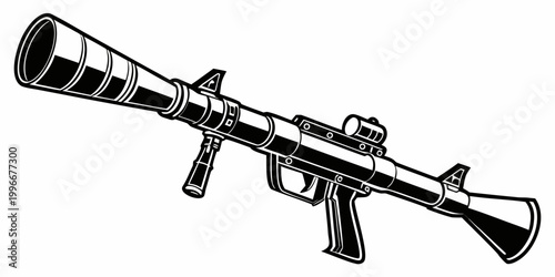 Black and white graphic illustration of an anti-tank rocket launcher with man portable launcher military artillery ammunition explosive projectile tactical equipment silhouette isolated