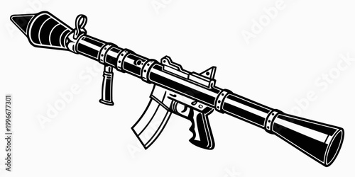 Detailed black and white vector illustration of a portable rocket launcher with anti tank man portable launcher military artillery ammunition explosive projectile tactical equipment isolated