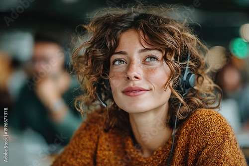 Focused freckled woman in call center headset looking upwards thoughtfully in a busy office. Modern workspace and teamwork