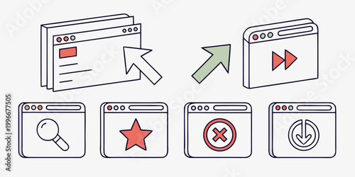 Web browser and application window icons set with search star delete and download symbols interface application download navigation software internet illustration technology computing