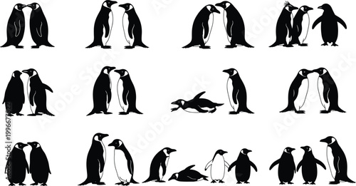 Penguin silhouette vector collection, black and white poses, bird interaction, nature theme, wildlife illustration, arctic design, animal behavior graphics