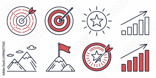 Achievement icons collection featuring targets growth charts mountains with flags and star ratings achievement business mountain performance marketing strategy planning competition increase