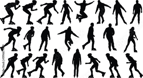 Roller skating silhouette vector collection, dynamic poses, active lifestyle, sports movement, black figures, jumping tricks, artistic illustration