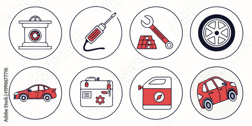 Round automotive maintenance and car service icon set with automotive maintenance mechanic transportation illustration collection canister technical industrial diagnostic transport