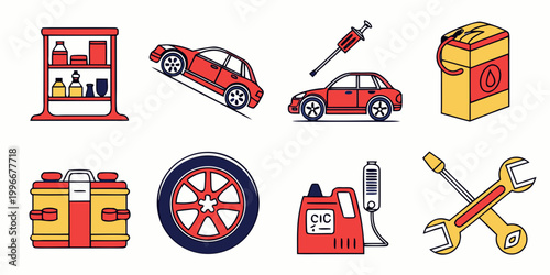Set of automotive repair and car maintenance icons with automotive maintenance mechanic transportation equipment diagnostic technical industrial illustration collection canister