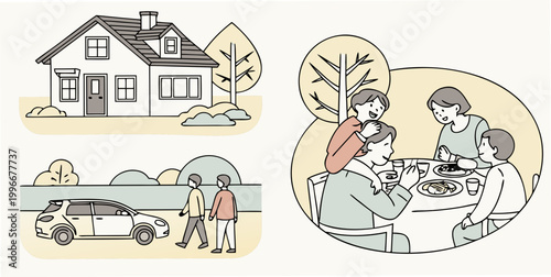 Family life scenes collection featuring a house car and people eating dinner together home life family time children lifestyle domestic daughter together suburban residential neighborhood