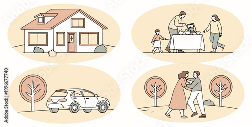 Daily routines of a family depicted in home house scenes with car dining and couple dancing children lifestyle together daughter affection residential suburban domestic transport parenting