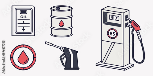 Set of petroleum and fuel service icons illustrating gas pump and oil storage with petroleum industry illustration dispenser maintenance business logistics transport equipment industrial